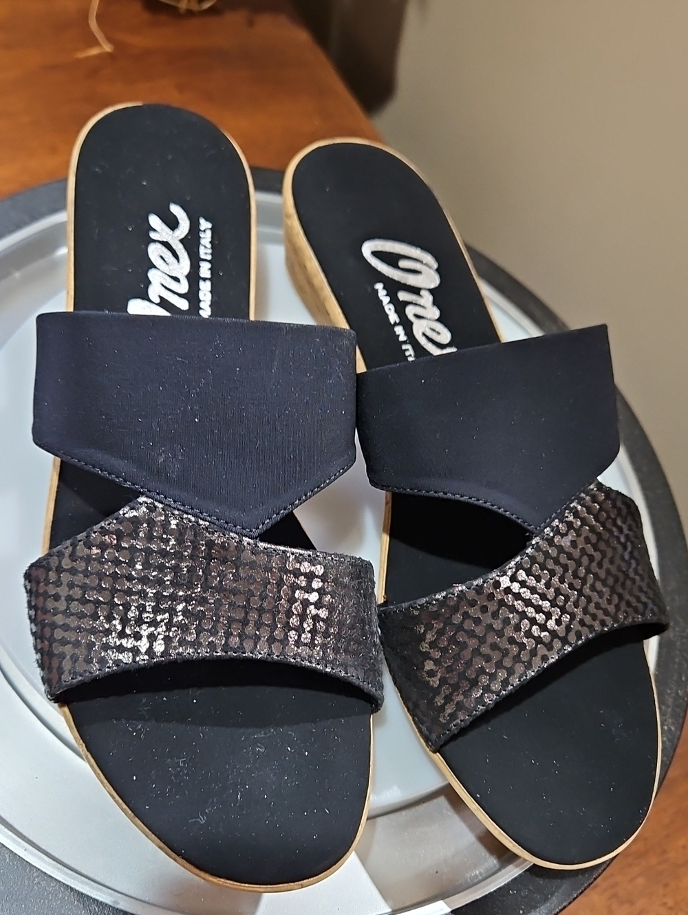 Onex Black Slide Sandals with Sequined Strap